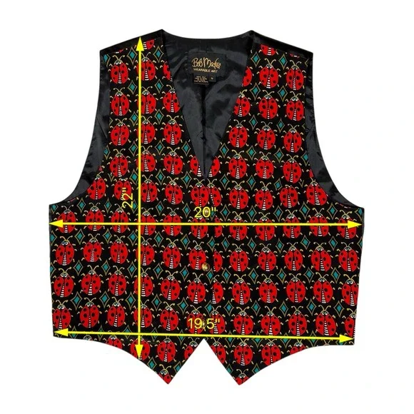 Bob Mackie Wearable Art Vintage Silk Ladybug Print Vest Black Red Gold Button M - Picture 6 of 7